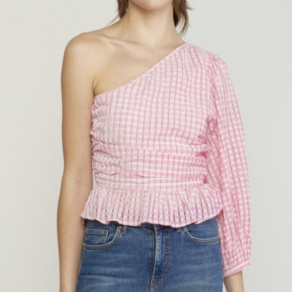 Entro Size S Gingham Blouse Pink Checked Top One Shoulder Long Sleeve Ruffle Hem - Picture 1 of 6